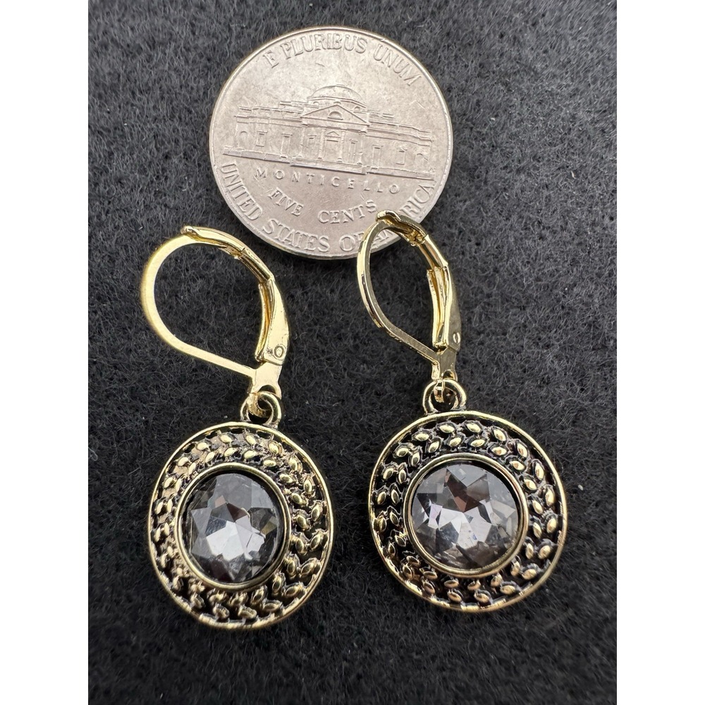 Black Crystal Round Medallion Dangle Earrings Gold Tone Leverback NEW